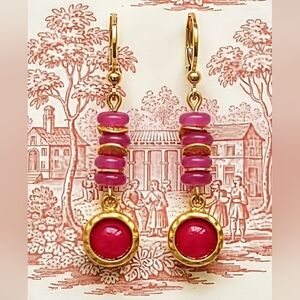 Fuchsia Agate & Magenta Chalcedony In Bohemian Gold Plated Hammered Earrings